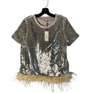 WHY Dress Silver Sequin Feather Trim Top Size L NWT $79 Retail